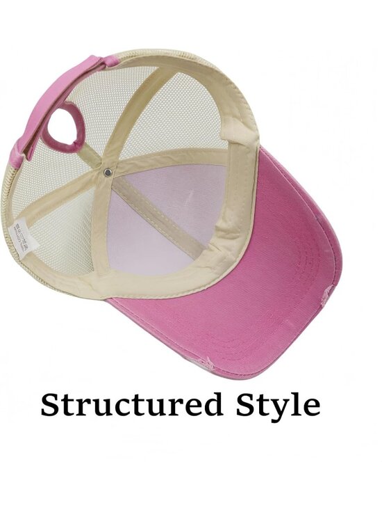 〽️Women Distressed Pink High Ponytail Baseball Trucker Bad Hair Day Adjustable main image 3